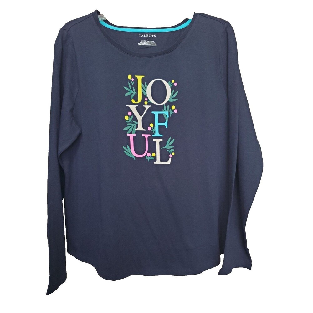 Talbots Cotton Navy Joyful Graphic Long Sleeve T-Shirt Size Large